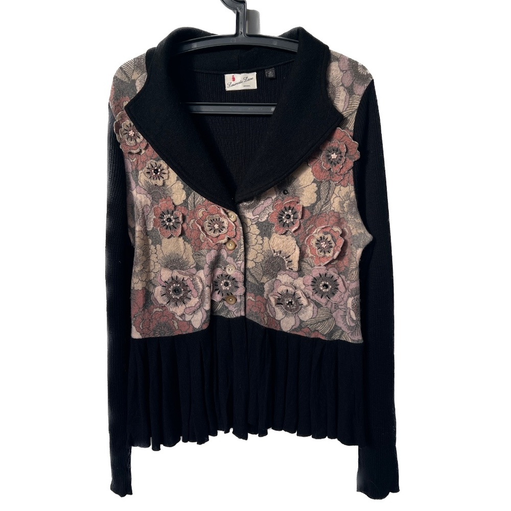 Laureate Lane Sweater Cardigan Wool Blend Flower Art Wear Jacket XL Black Peplum